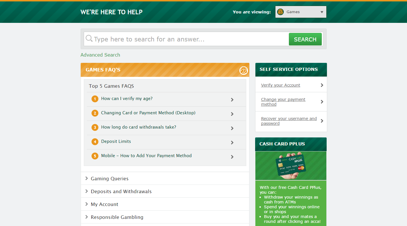screenshot of the support section